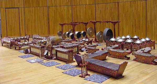 Javanese gamelan instruments in Mills Concert Hall.