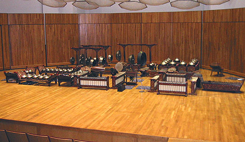 Javanese gamelan instruments in Mills Concert Hall.