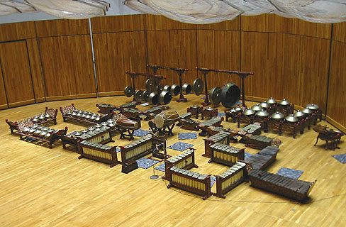 Javanese gamelan instruments in Mills Concert Hall.